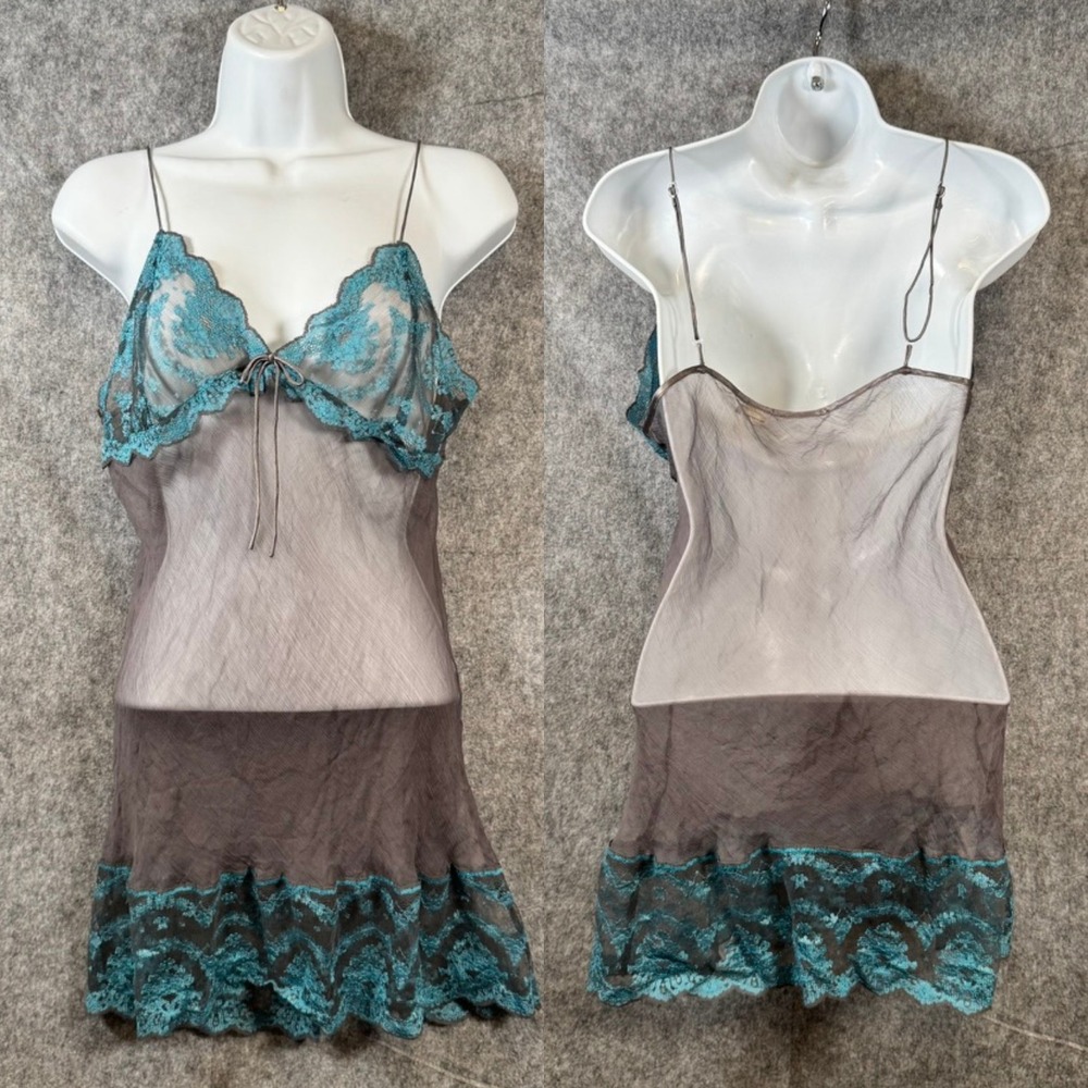 Vtg Mary Green Silk Sheer Lace Fairy Slip Dress Nightie Size Medium Grey Chemise